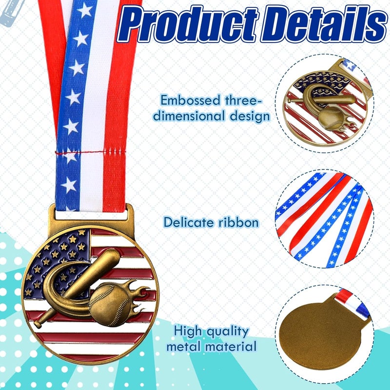 Loetere 30 Pieces Patriotic Medals Gold Medals Bulk Trophy with Neck Ribbons Spirit Medallion with Stars Stripes American Flag for Sports Trophy Participation Winner Gift - Image 3
